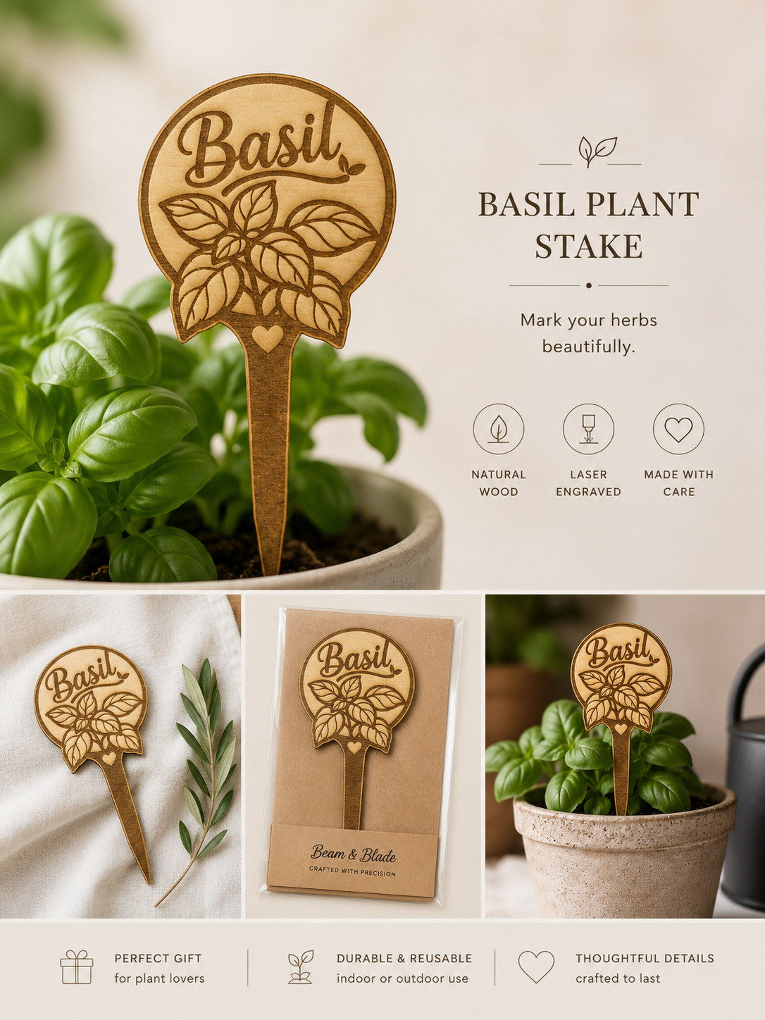 Herb Garden Plant Stakes | Laser Engraved Wooden Garden Markers