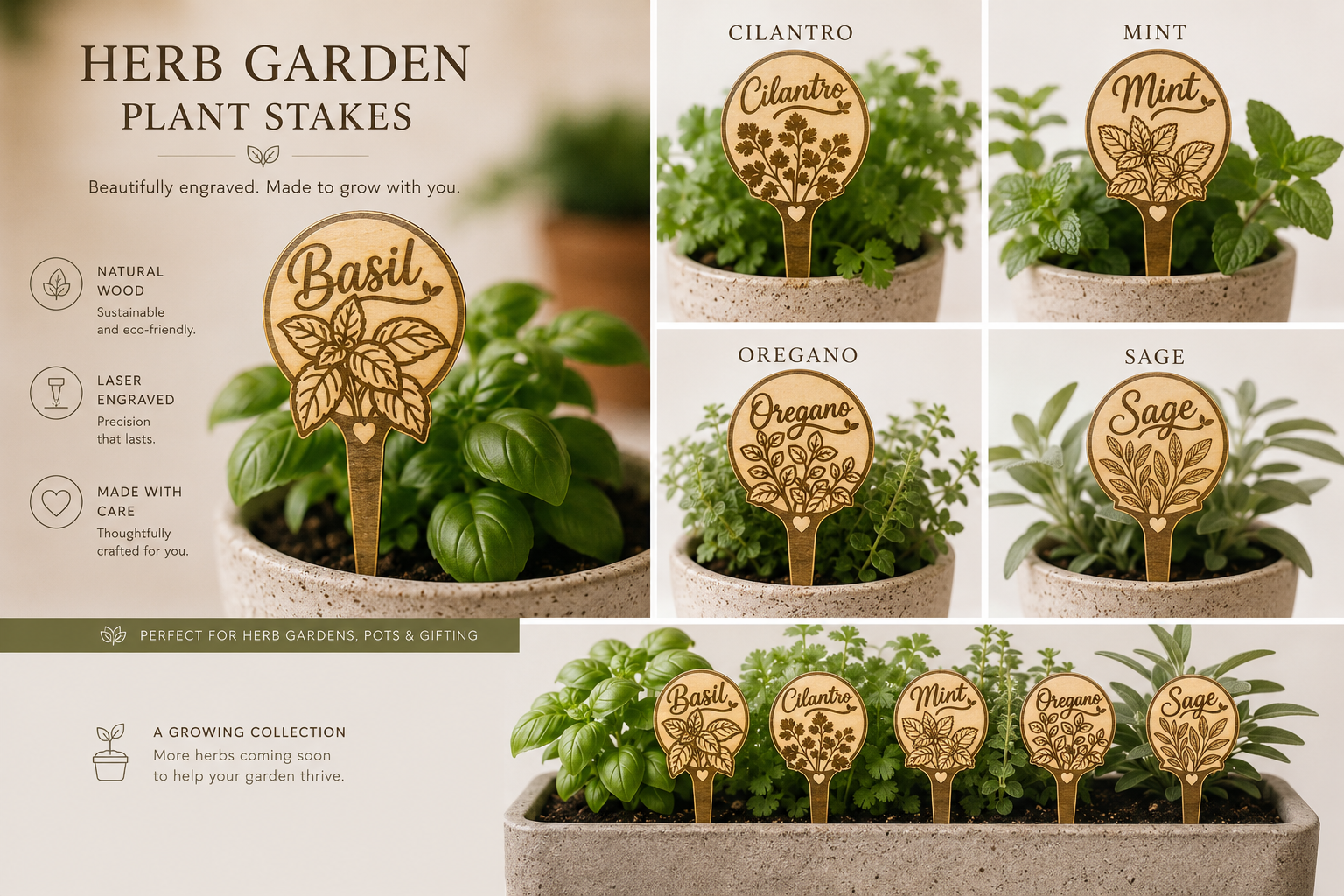 Herb Garden Plant Stakes | Laser Engraved Wooden Garden Markers
