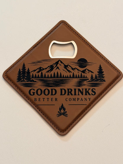 Adventure mountain and lake design engraved leatherette bottle opener coaster