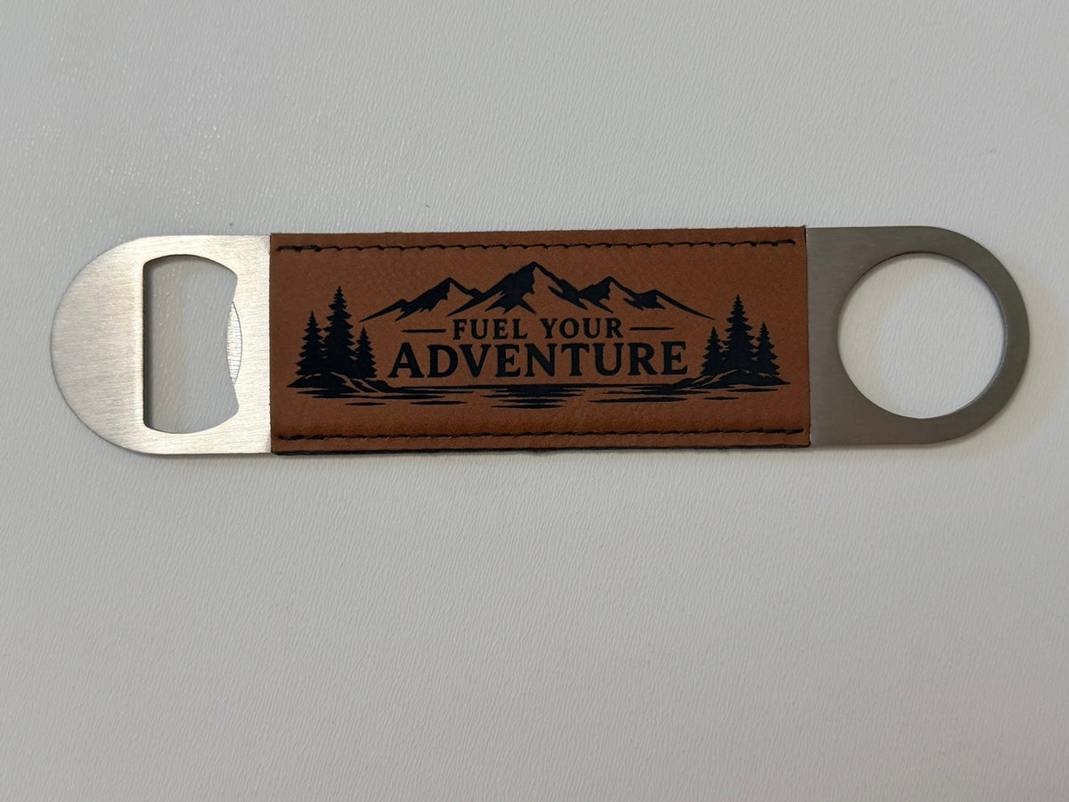 Beam & Blade premium leatherette magnetic bottle opener with engraved mountain design