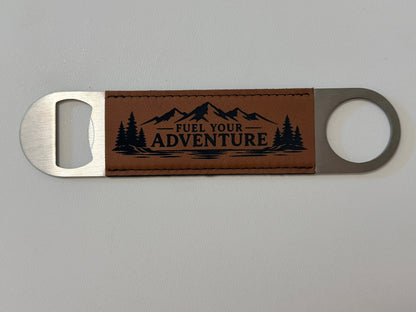 Beam & Blade premium leatherette magnetic bottle opener with engraved mountain design