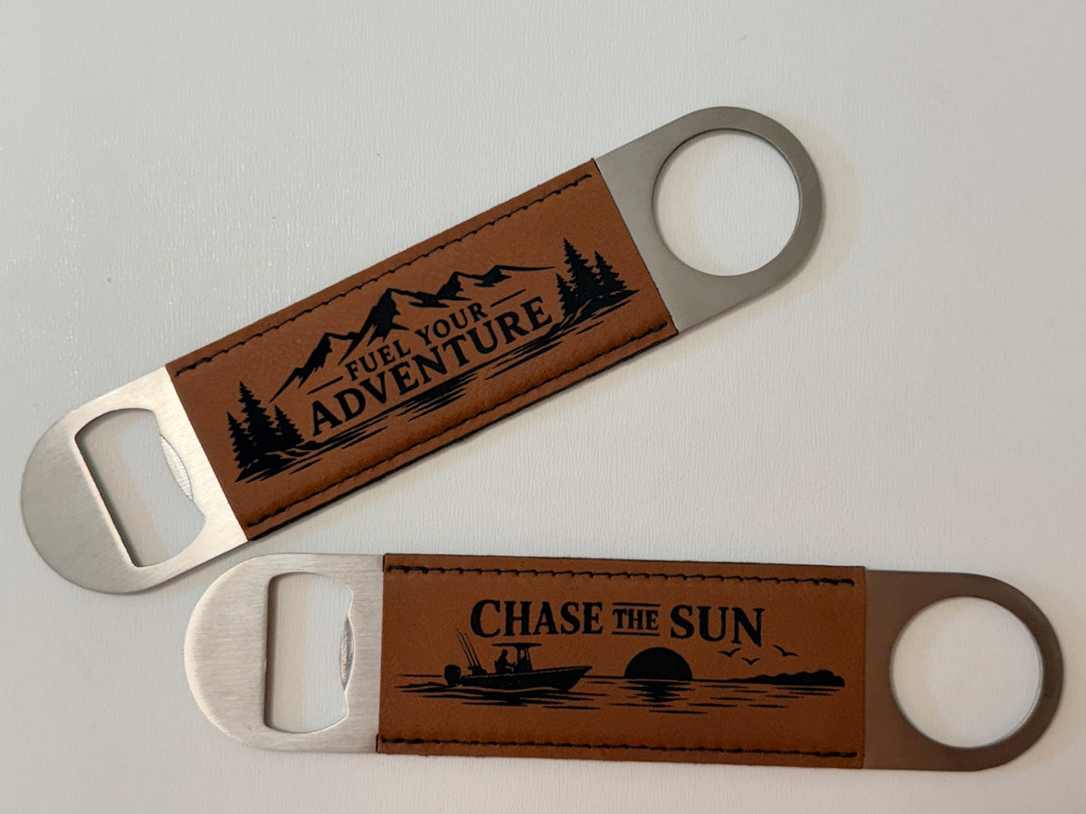 Beam & Blade custom premium leatherette magnetic bottle openers shown together