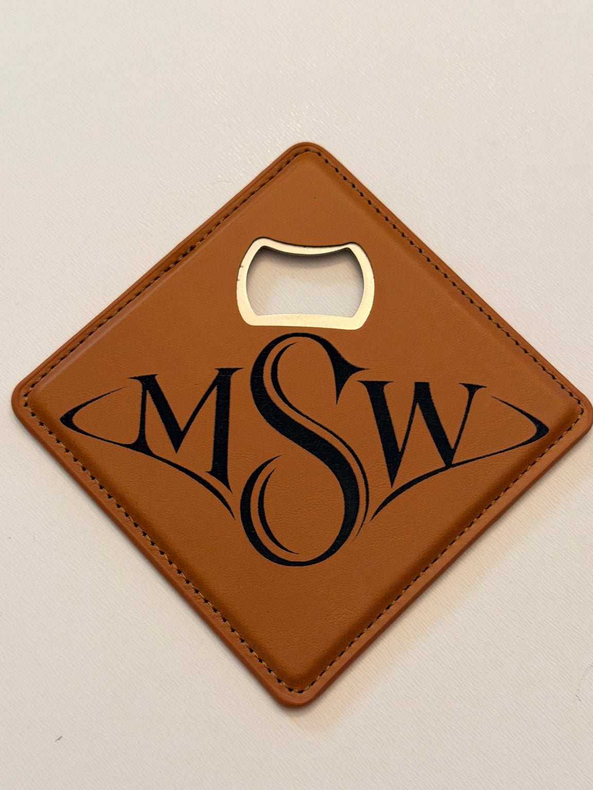 Custom MSW monogram engraved leatherette bottle opener coaster